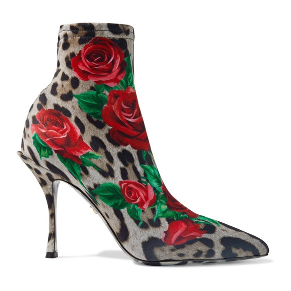 Dolce & Gabbana Floral Leopard Rose Print Stretch booties boots Tan Red 40 - Picture 1 of 9